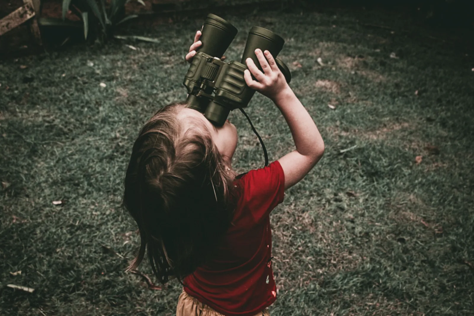 Un enfant porte des jumelles vertes à ses yeux dans la verdure